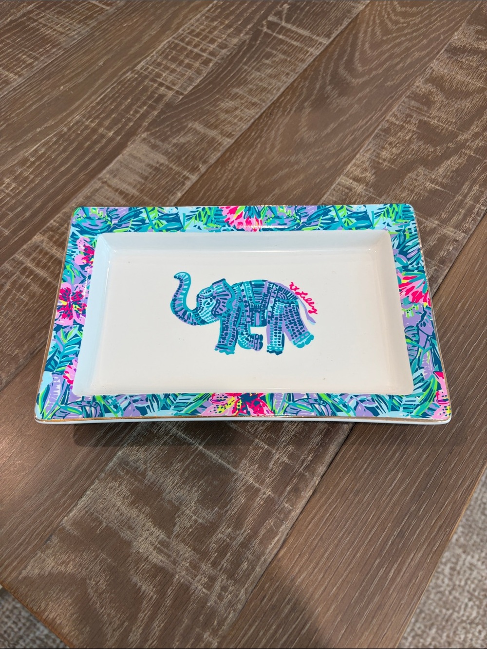 Lilly Pulitzer Trinket Tray with Teal Elephant and Pink Floral Border